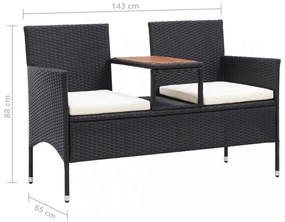 2 személyes fekete polyrattan kerti pad teázóasztallal 143 cm