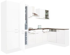 Yorki 340 sarok konyhabútor fehér korpusz,selyemfényű fehér fronttal polcos szekrénnyel és alulfagyasztós hűtős szekrénnyel