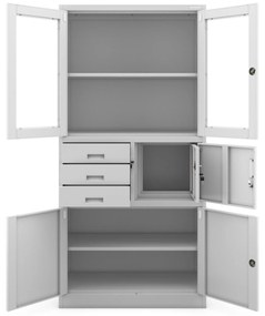 Fém iratszekrény széffel, vitrinnel és fiókokkal FILIP, 900 x 1850 x 400 mm, szürke