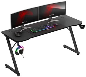 Gamer asztal, 160 x 60 x 74 cm, egérpaddal együtt 80 x 58 cm, fejhallgató tartó, fekete