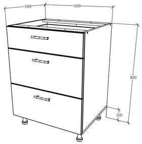 Benita 3 fiókos Alsó konyhaszekrény Antracit-Fehér 60x50x80 cm