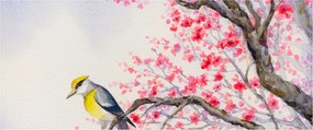 Kép - Madár egy fán, piros virágokkal (120x50 cm)