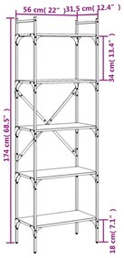 5 szintes füstös tölgy színű fa könyvespolc 56 x 31,5 x 174 cm