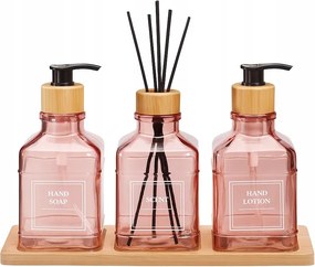 Fürdőszoba szett Rózsaszín Üveg adagoló diffúzor Bambusz tálca 7X7X15 CM