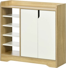 HOMCOM Modern Cipőszekrény - Keskeny Cipőtartó 2 Ajtóval, Tárolós polcok 13 Pár Cipőhöz Előtérbe 80x30x80 cm Természetes és Fehér | Aosom