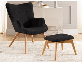 Fekete kordbársony fotel lábtartóval Niko – Ropez