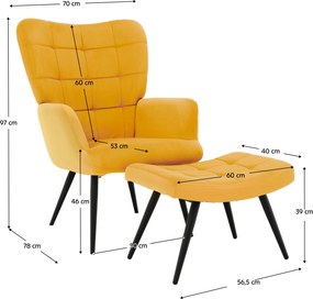 Fotel lábtartóval, sárga Velvet szövet/fekete, HABEN