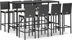 vidaXL 9 részes fekete polyrattan kerti bárszett párnával