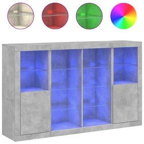 3 db betonszürke szerelt fa tálalószekrény LED-ekkel
