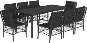 vidaXL 9 részes fekete polyrattan kerti étkezőgarnitúra párnákkal