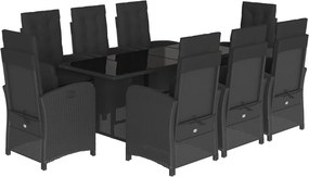 vidaXL 9 részes fekete polyrattan kerti étkezőgarnitúra párnákkal
