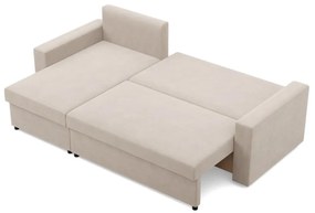 Zeus sarokkanapé, 2 ágyneműtartóval, egyenes kartámasz, bársony, univerzális oldal, hab töltet, bézs