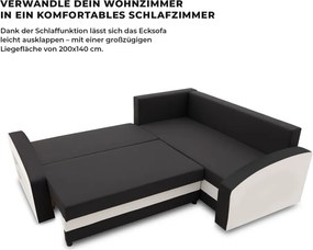 Grande sarokkanapé polcokkal , polc a bal karfaban, jobboldali, szövet anyag, bonell töltet, fekete - fehér