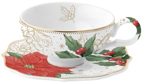 Karácsonyi porcelán kávés csésze aljjal díszdobozban mikulásvirág díszítéssel