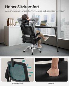 Irodai szék, ergonomikus, hálós szék deréktámasszal és állítható fejtámlával, fekete