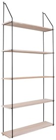 Eindhoven polc, 5 natúr fa polccal, fekete keret 65x17x145 cm