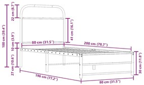 ágykeret matrac nélkül 80x200 cm füstölt tölgy fűrészelt fa