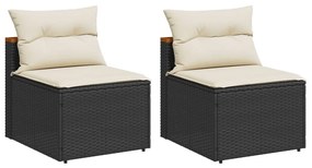2 db fekete polyrattan karfa nélküli kerti kanapé párnákkal