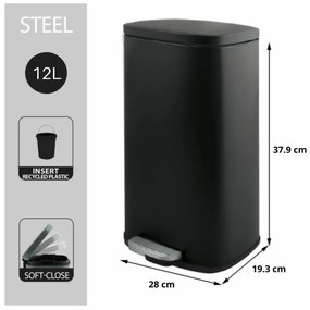 Spirella Pedálos szemetes soft-close Akira 12 l,matt fekete, 12 l
