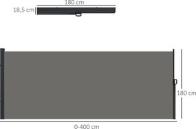 Outsunny Kihúzható Oldalsó Napernyő Szélvédő Paraván Kertkerítés 4 x 1,80 m Alumínium Poliészter Anti-UV Magas Sűrűség 180 g/m² Sötét Szürke | Aosom