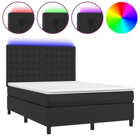 fekete műbőr rugós ágy matraccal és LED-del 140x200 cm