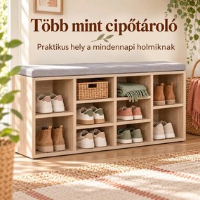 Cipőpad 10 rekesszel, párnázott ülőfelülettel, 104 × 30 × 48 cm, tölgy