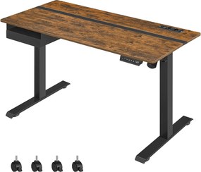 Elektromosan állítható íróasztal beépített aljzatokkal, 2 USB-porttal, fiókkal és 4 memóriahellyel, 140 x 60 x 72–120 cm, vintage barna/fekete