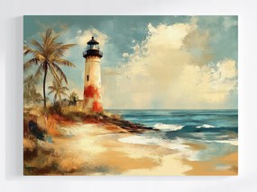Vászonkép Canvas Világítótorony Tengerpart Hullámok Pálma Retro 100x75
