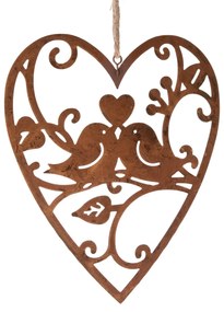 Madarak fém lógó szív, patinás, 22,5 x 18 x 0,1 cm