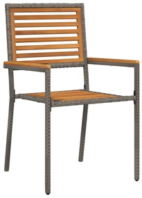 7 darabos Kerti Étkezőszett Szürke Poli Rattan Akác, Egymásra rakható Kerti Székek párnákkal 2 db Szürke Poli Rattan, Kerti Asztal 200x90x75 cm Szilárd Akác Fa és Fém