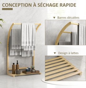 HOMCOM Bambusz Törölközőtartó 3 Rúddal és Tárolópolccal, Szabadonálló Törölközőtartó Fürdőszobába és Mosókonyhába, Természetes Finishel | Aosom