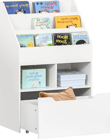 HOMCOM Gyermek Könyvespolc Fiókkal, 3 Polccal és 2 Nyitott Polccal, Tárolópolc Gyermek Szobákba, Játszószobákba, Fehér, 60 x 29,9 x 90 cm | Aosom