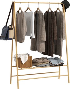 HOMCOM Ruhafogas Állvány Polcokkal, Kampókkal, Ruhatartó Rúddal Bambuszból Hálószobába, Kiállításokra, Mosókonyhába, Természetes Fa | Aosom