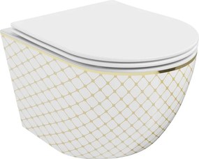 Mexen Lena Rimless WC csésze lassan záródó slim ülőkével, duroplast, fehér/arany kockás minta - 30224009
