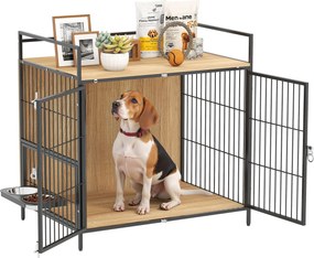 PawHut Modern Oldaltábla Kutya Ketrec Forgatható Etető Állomással 2 Tál 2 Ajtóval és Felső Tároló Polccal Közepes Kutyák Számára 80x56x76,5 cm Tölgy |