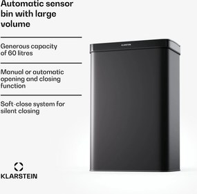 Klarstein Touchless, szenzoros szemétkosár, 60 l, rozsdamentes acélból, Soft-Close záródás, elemmel működő, LED kijelző, időzítő