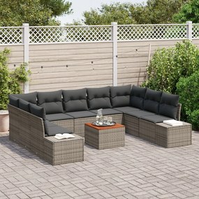 10 Részes Kerti Kanapé Szett Párnákkal Szürke Poly Rattan Akáciából