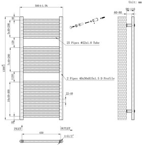 Egyenes törölközőszárító radiátor 1200x500 mm fekete