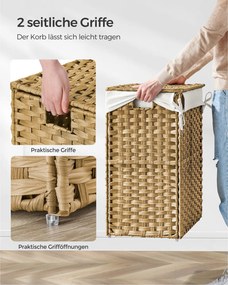 Kézzel fonott rattan szennyeskosár, összecsukható, kivehető zsákkal 90L, sárga
