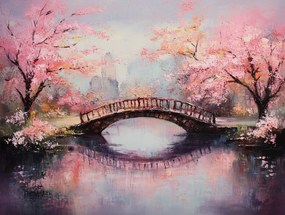 Vászonkép Canvas Japán Tavasz Park Folyó Híd Cseresznye Fák 100x75