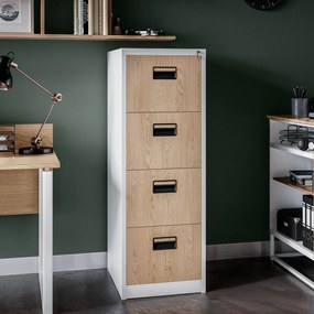 Fém irattartó szekrény, 4 fiókos SARA V4, 460 x 1320 x 620 mm, Eco Design: fehér/ sonoma tölgy