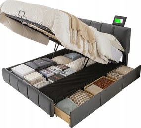 Franciaágy Hidraulikus ágy 3 fiók 3 töltő 140x200 cm szürke