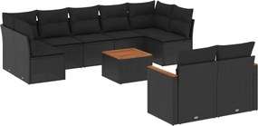 vidaXL 10 részes fekete polyrattan kerti ülőgarnitúra párnákkal
