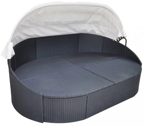 fekete polyrattan kültéri napozóágy napellenzővel