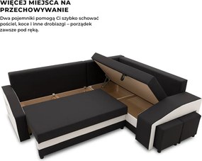 Grande sarokkanapé polcokkal és puffokkal , polc a bal karfaban puffok a jobb karfaban, jobboldali, szövet anyag, hab töltet, fekete - fehér