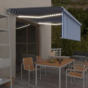 kék és fehér redőnyös, szélérzékelős, LED-es napellenző 4,5x3 m