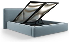 Világoskék bársony kárpitozott ágyneműtartós franciaágy ágyráccsal 200x200 cm Arendal – Cosmopolitan Design