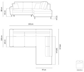Sötétkék bársony kinyitható tárolóhelyes sarokkanapé (jobb oldali-L alakú) Kyoto – Cosmopolitan Design
