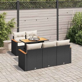 6 részes fekete polyrattan akácfa kerti ülőgarnitúra párnákkal