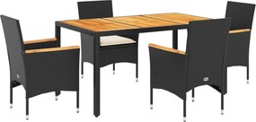 vidaXL 5részes fekete polyrattan/akácfa kerti étkezőgarnitúra párnákkal